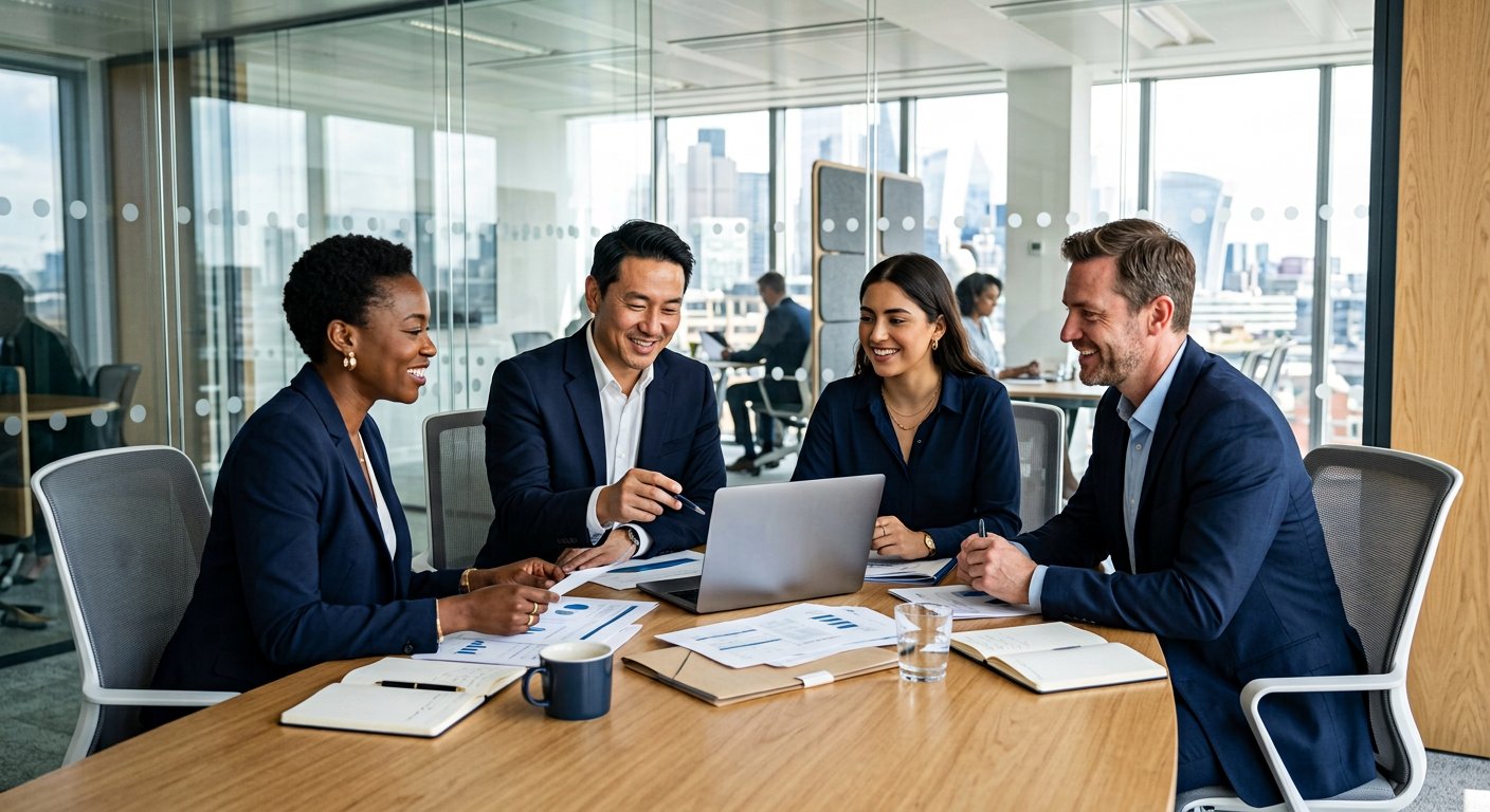 Auto Smart Policy consulting team collaborating in a modern office